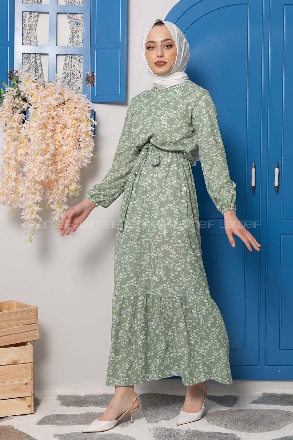 Modalamelif Kuşaklı Papatya Desen Elbise Çağla