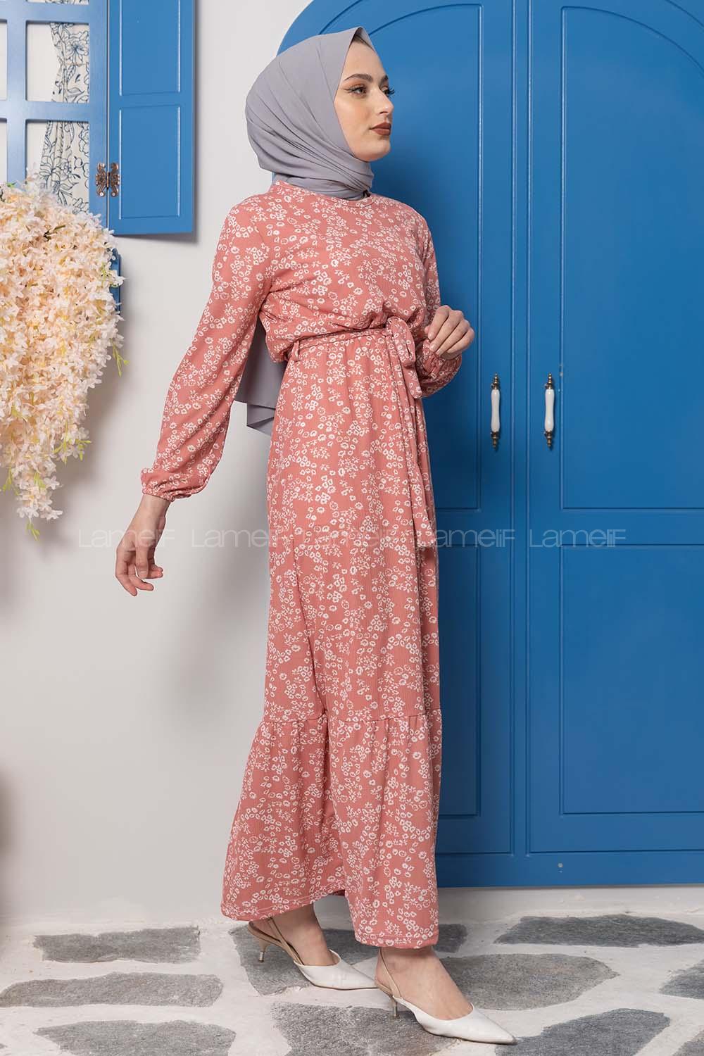 Modalamelif Kuşaklı Papatya Desen Elbise Pudra