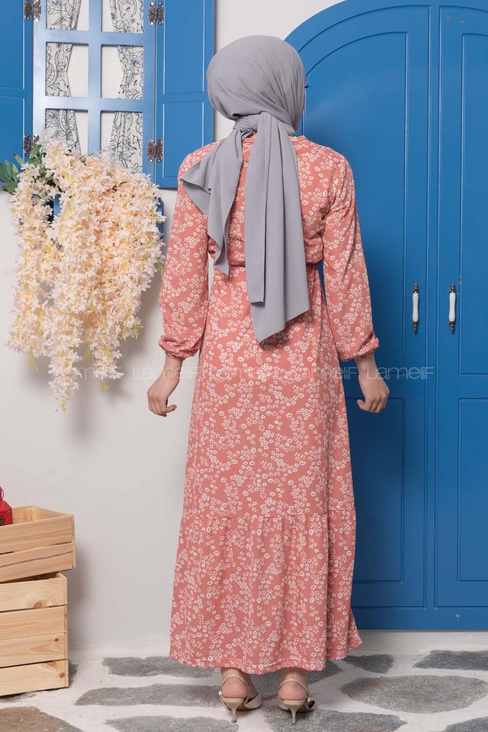 Modalamelif Kuşaklı Papatya Desen Elbise Pudra