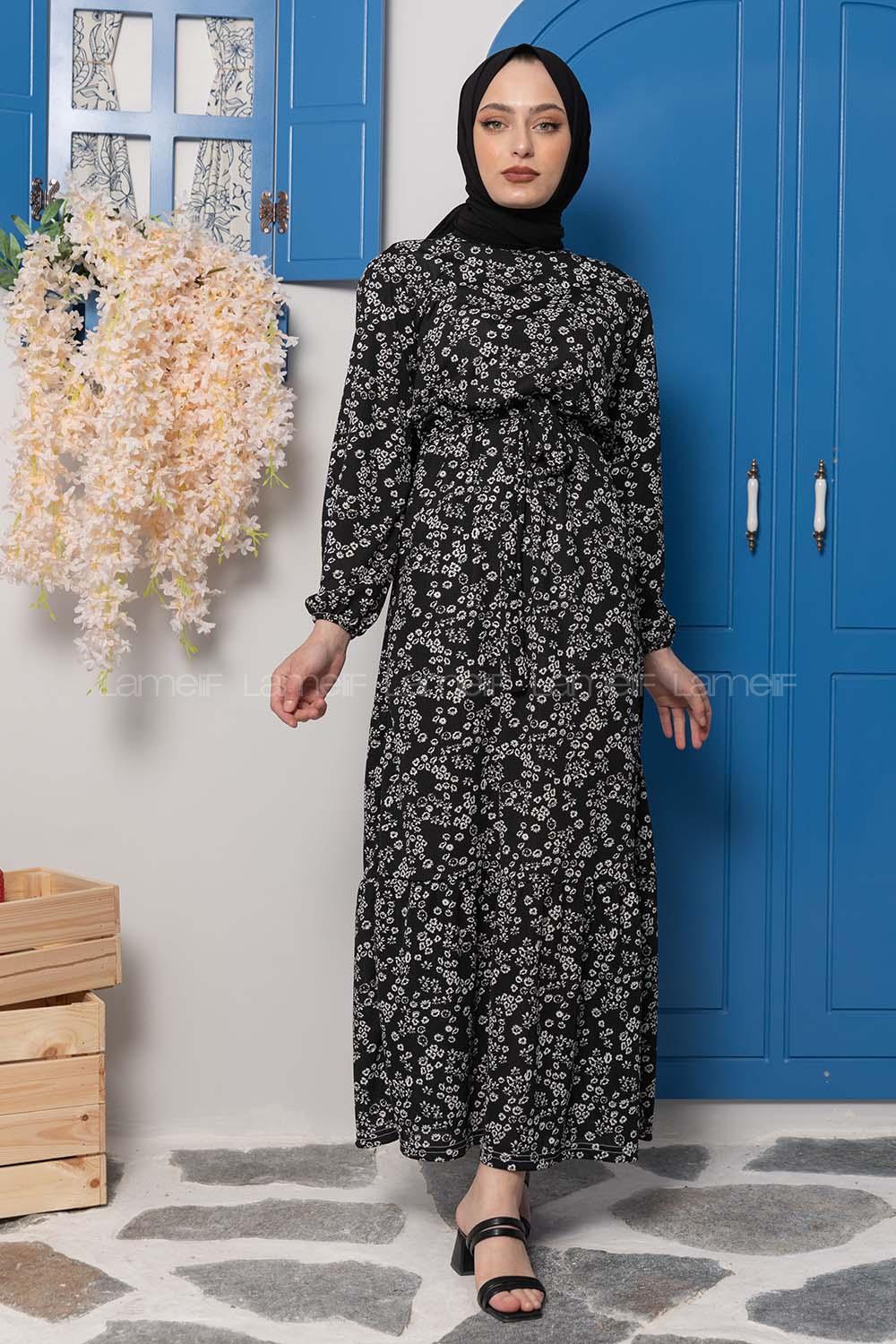 Modalamelif Kuşaklı Papatya Desen Elbise Siyah