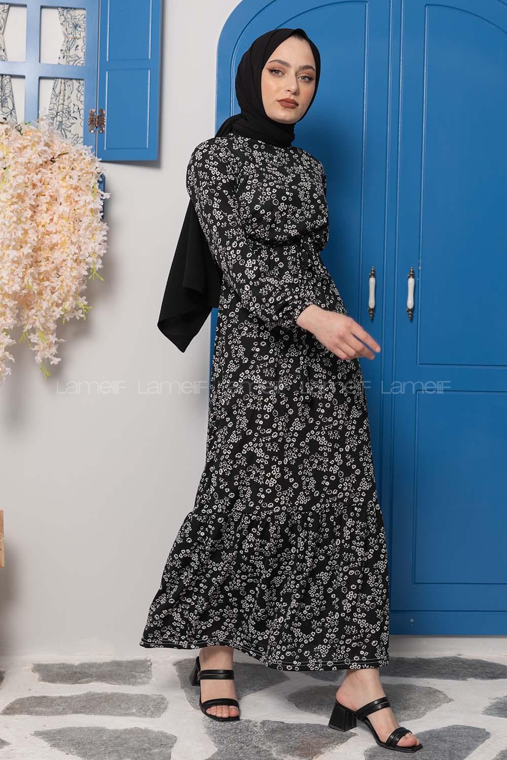 Modalamelif Kuşaklı Papatya Desen Elbise Siyah