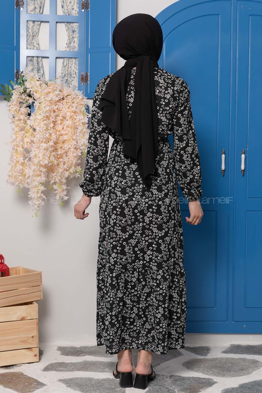 Modalamelif Kuşaklı Papatya Desen Elbise Siyah