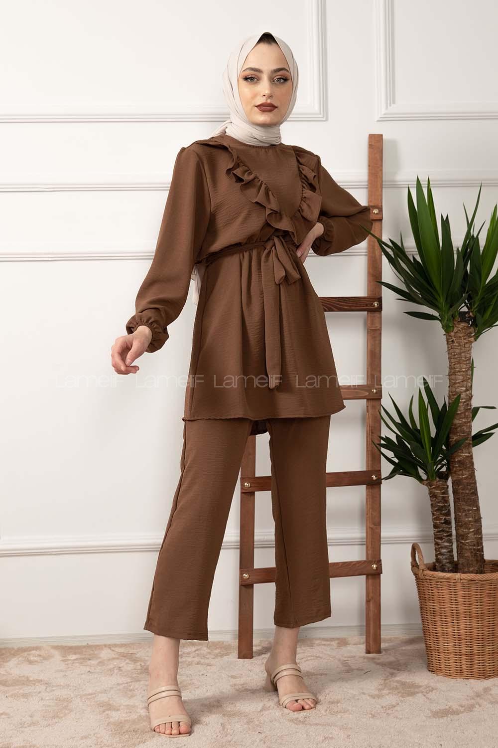 Modalamelif Önü Fırfırlı Kuşaklı İkili Takım Acı Kahve