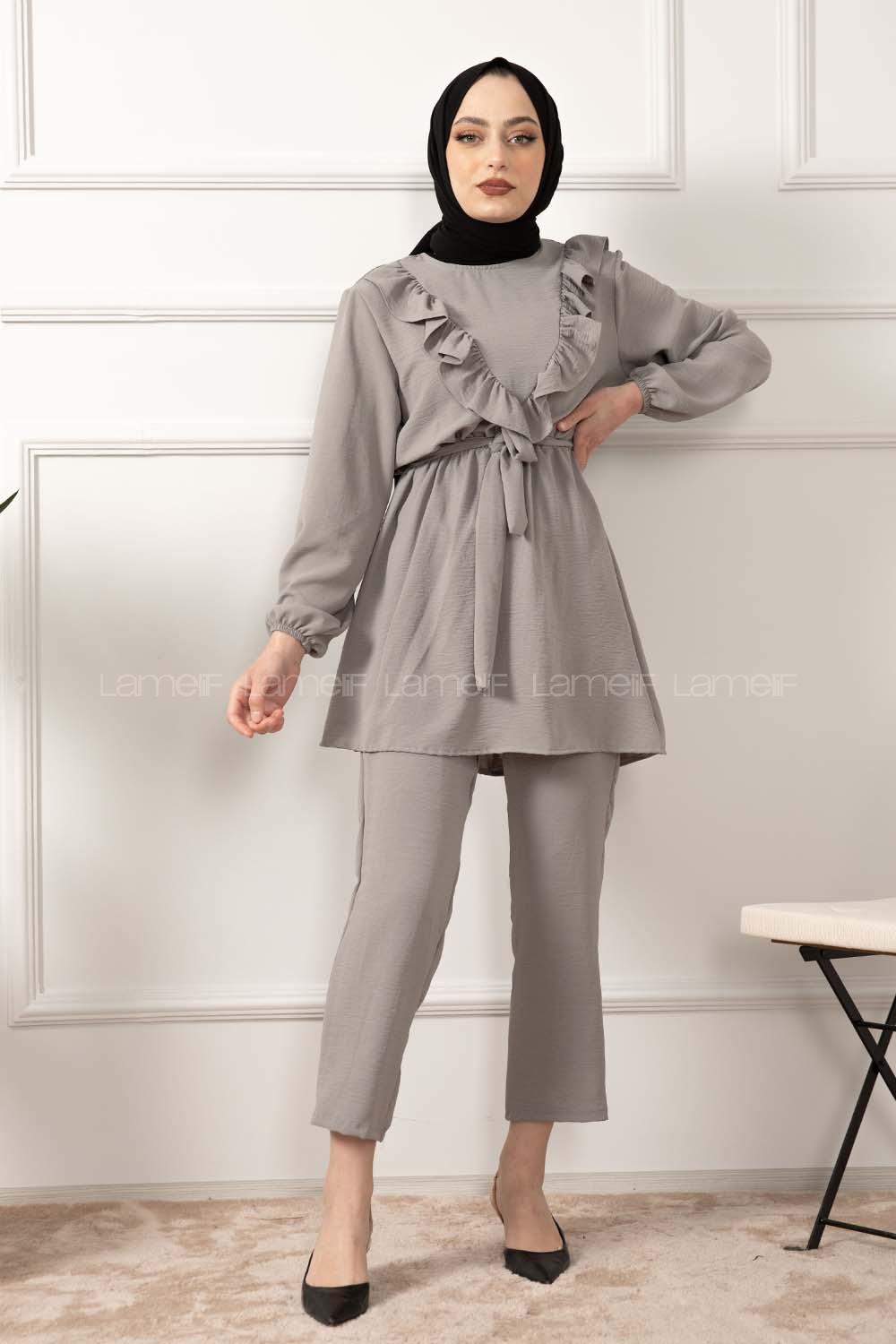 Modalamelif Önü Fırfırlı Kuşaklı İkili Takım Gri