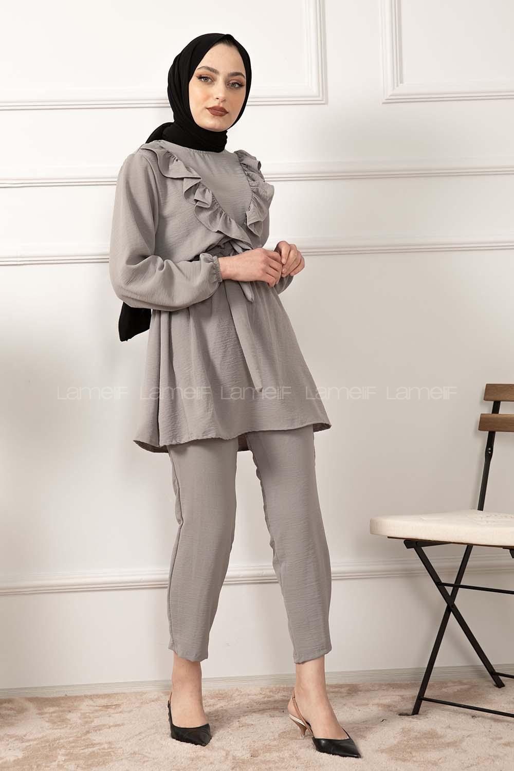 Modalamelif Önü Fırfırlı Kuşaklı İkili Takım Gri
