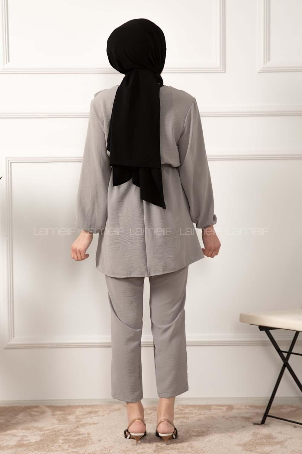 Modalamelif Önü Fırfırlı Kuşaklı İkili Takım Gri