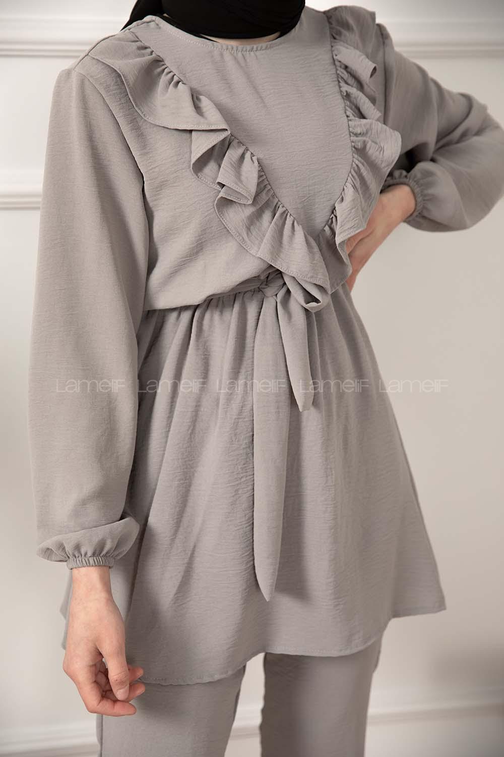 Modalamelif Önü Fırfırlı Kuşaklı İkili Takım Gri