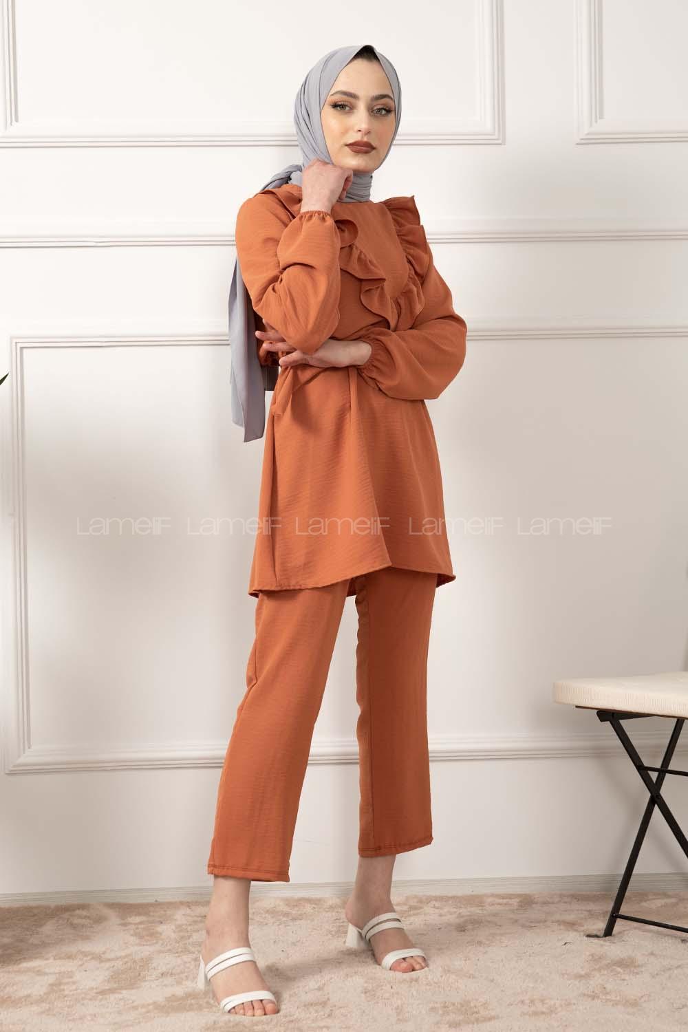 Modalamelif Önü Fırfırlı Kuşaklı İkili Takım Kiremit