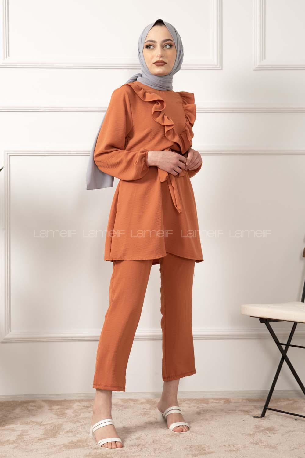 Modalamelif Önü Fırfırlı Kuşaklı İkili Takım Kiremit