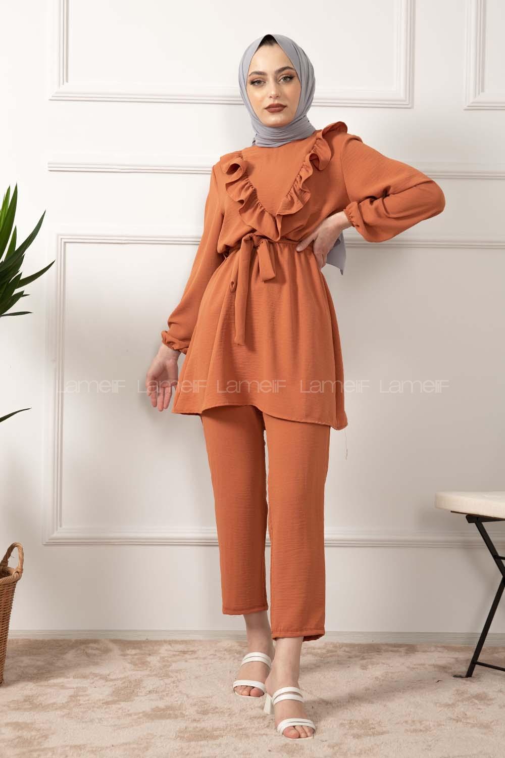 Modalamelif Önü Fırfırlı Kuşaklı İkili Takım Kiremit