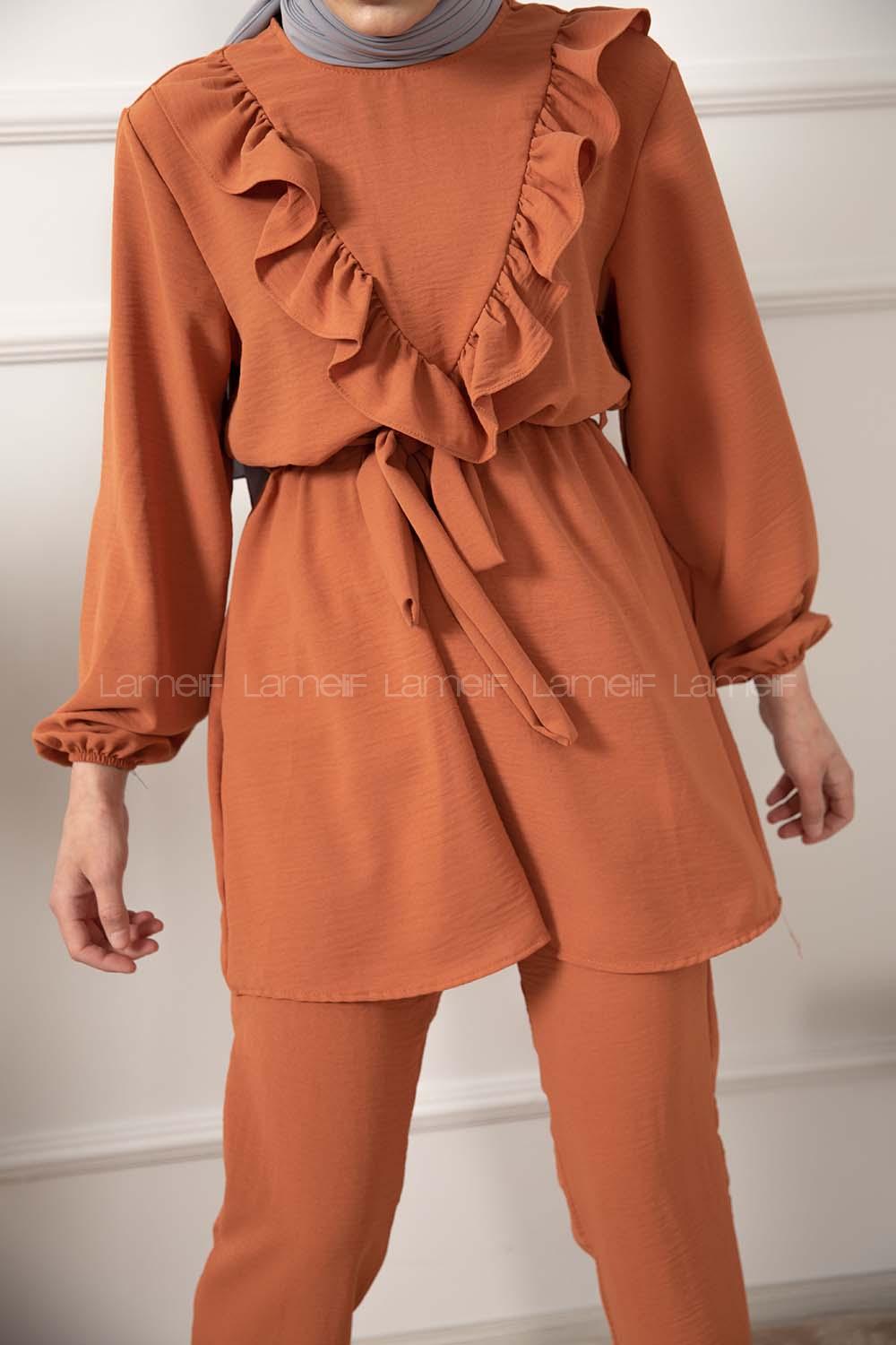 Modalamelif Önü Fırfırlı Kuşaklı İkili Takım Kiremit