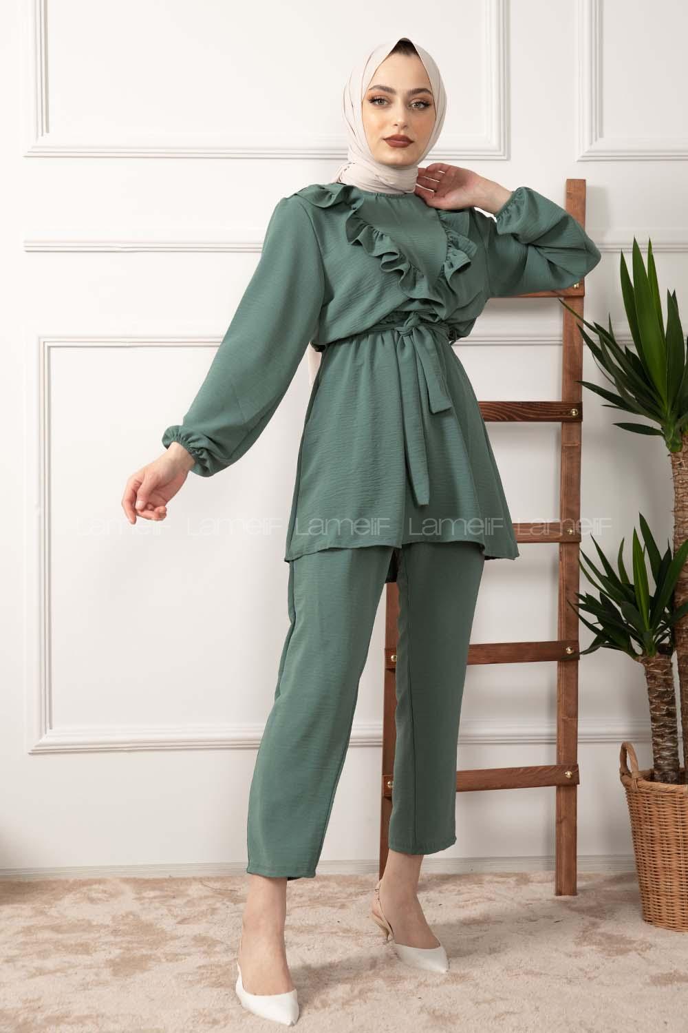 Modalamelif Önü Fırfırlı Kuşaklı İkili Takım Pastel Yeşili