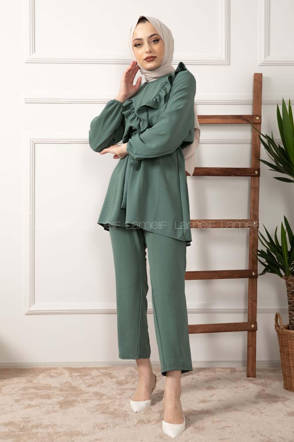 Modalamelif Önü Fırfırlı Kuşaklı İkili Takım Pastel Yeşili