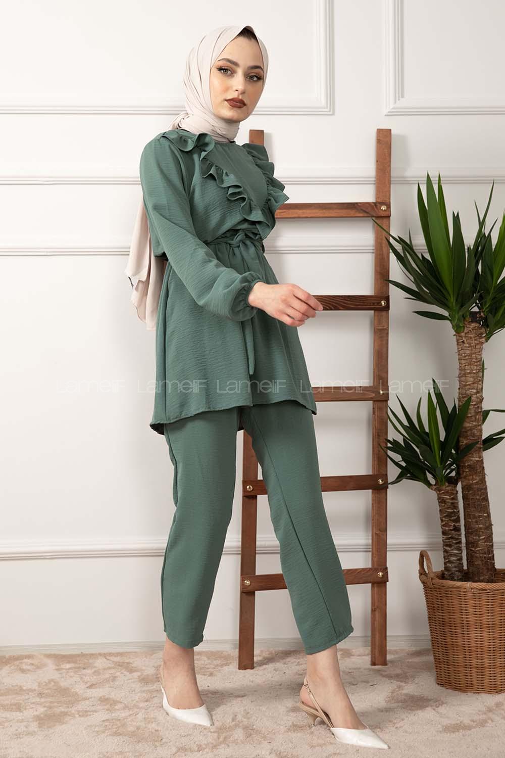 Modalamelif Önü Fırfırlı Kuşaklı İkili Takım Pastel Yeşili