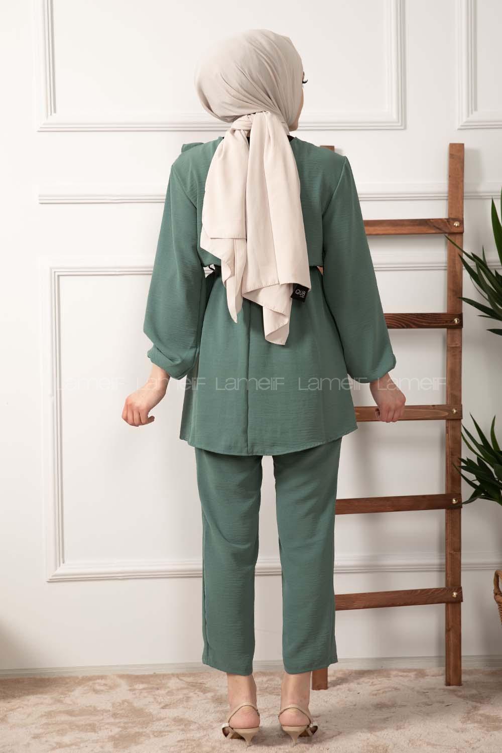 Modalamelif Önü Fırfırlı Kuşaklı İkili Takım Pastel Yeşili