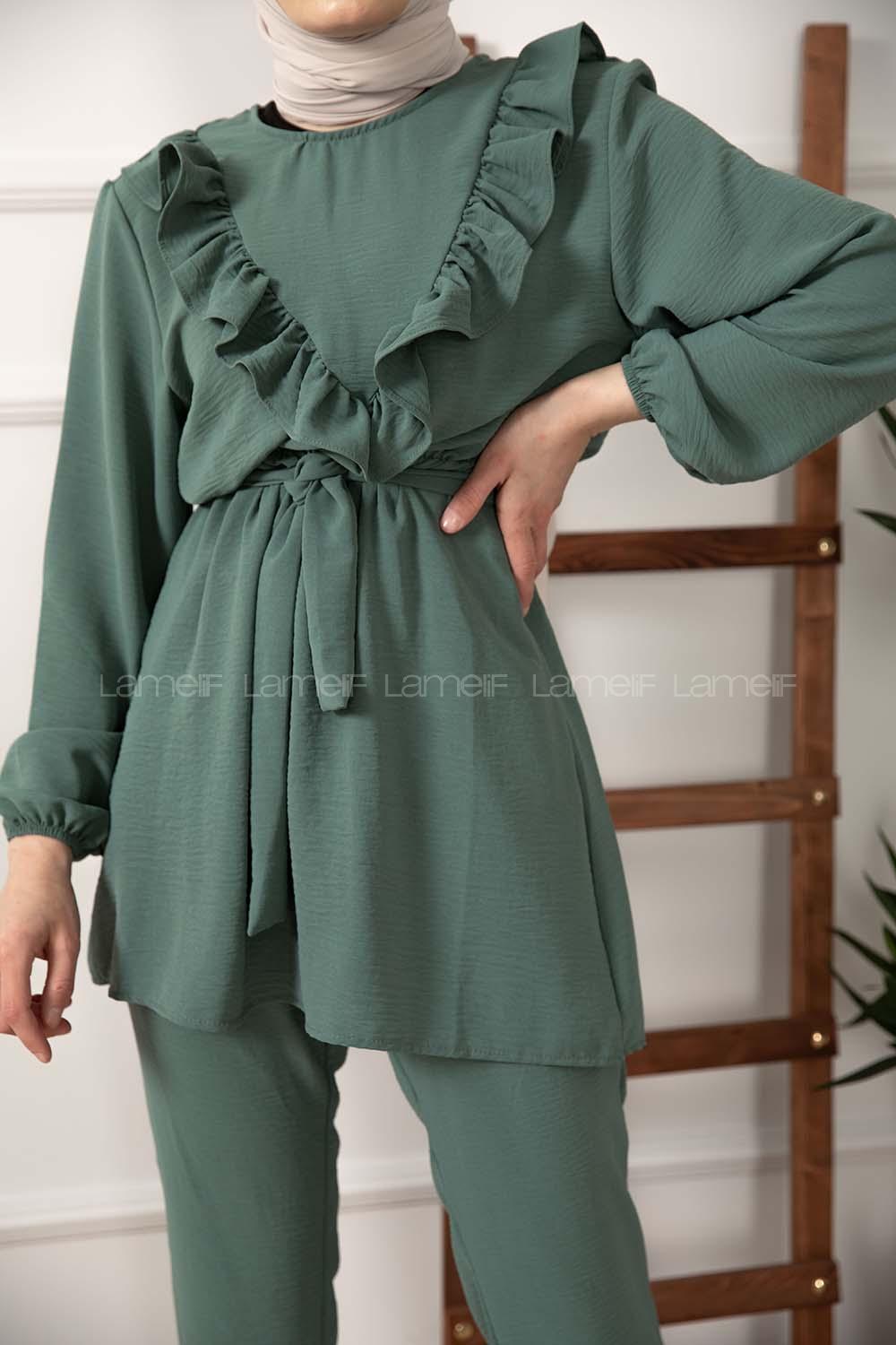 Modalamelif Önü Fırfırlı Kuşaklı İkili Takım Pastel Yeşili