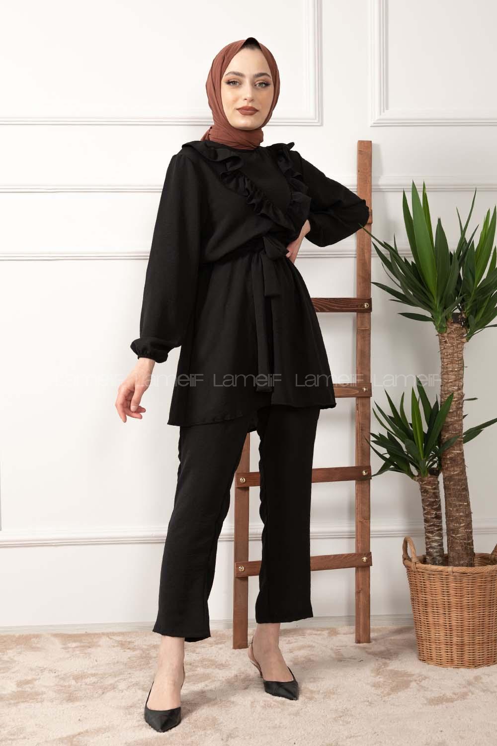 Modalamelif Önü Fırfırlı Kuşaklı İkili Takım Siyah