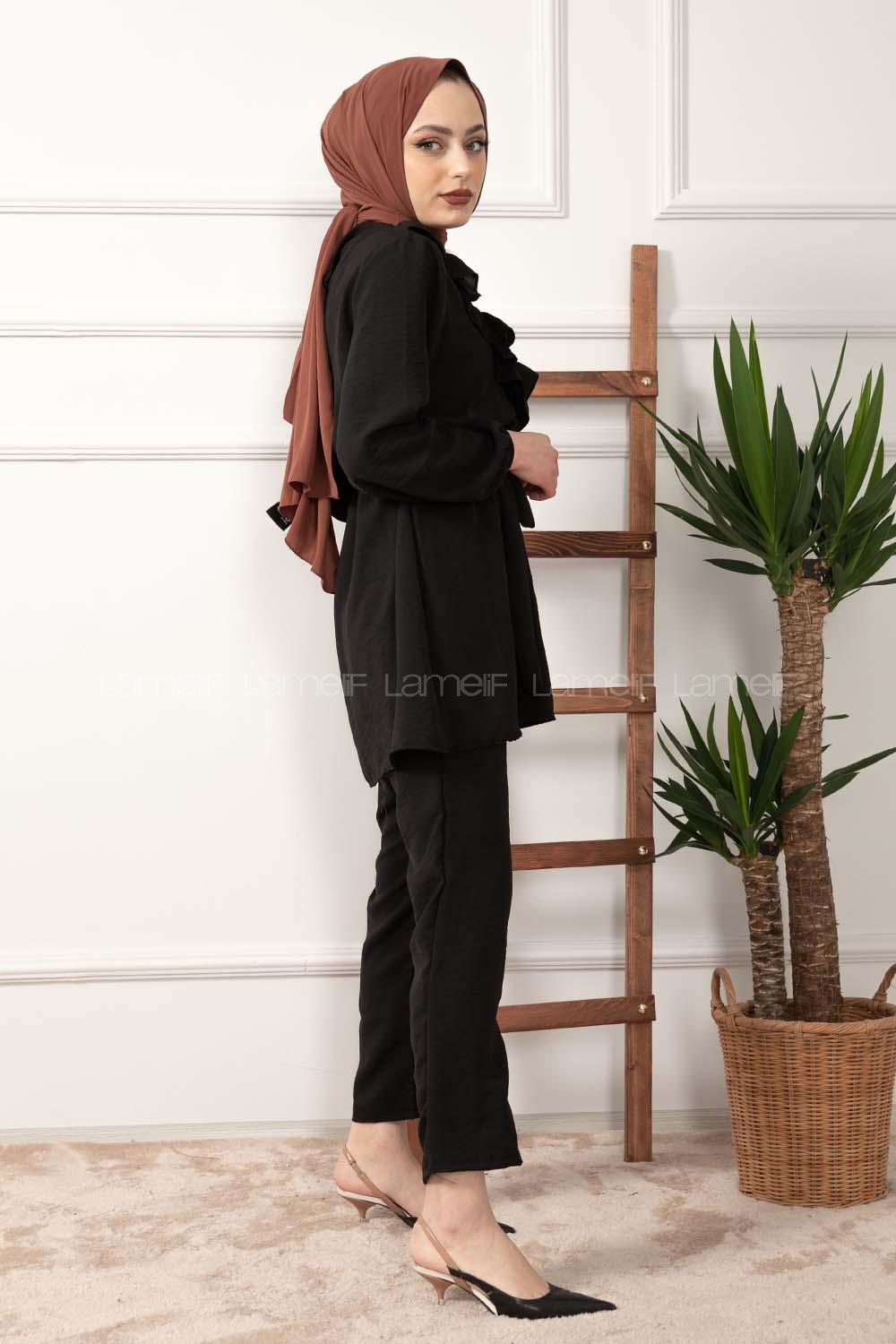 Modalamelif Önü Fırfırlı Kuşaklı İkili Takım Siyah