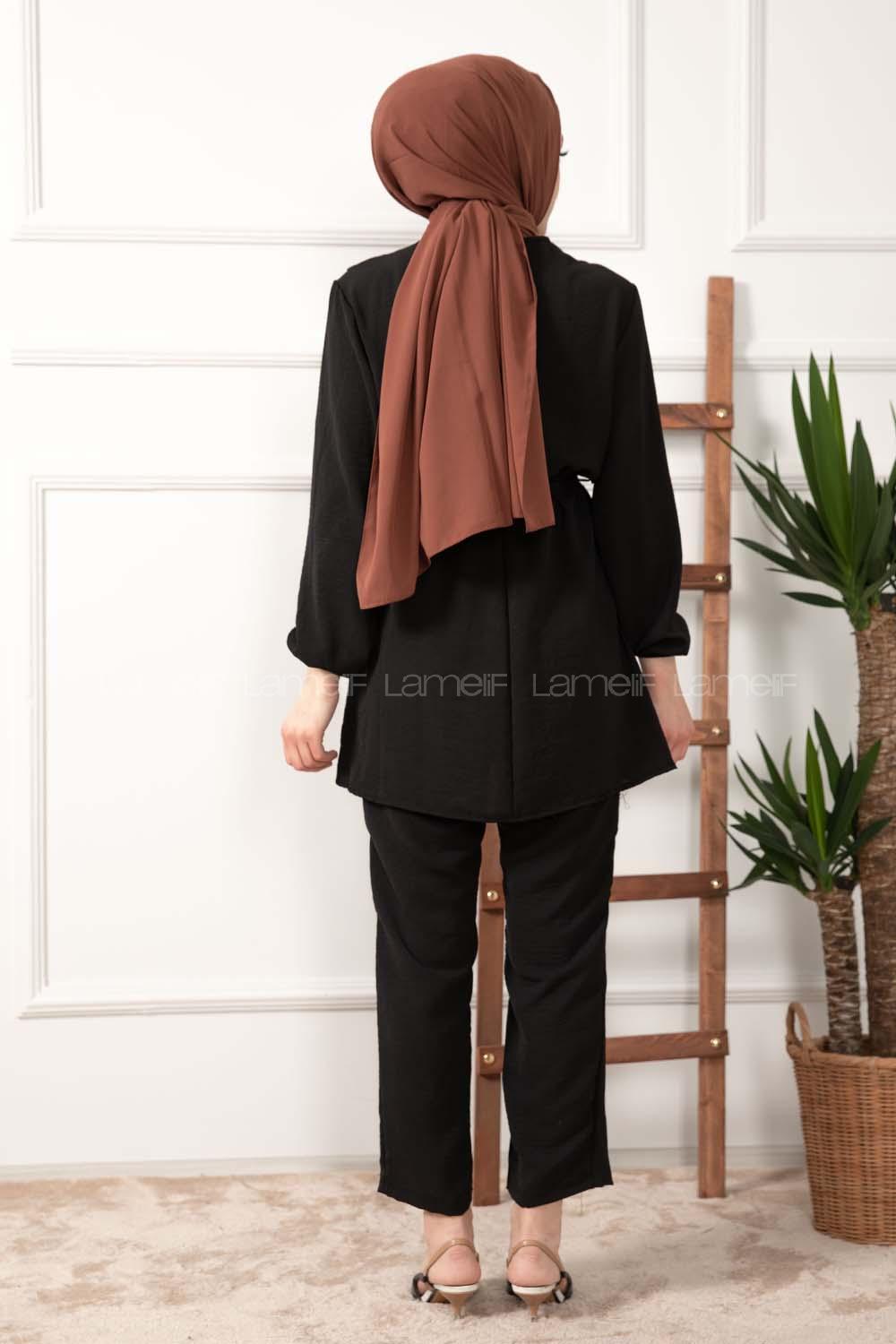 Modalamelif Önü Fırfırlı Kuşaklı İkili Takım Siyah