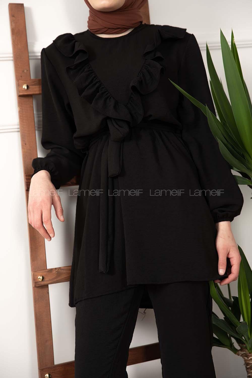 Modalamelif Önü Fırfırlı Kuşaklı İkili Takım Siyah