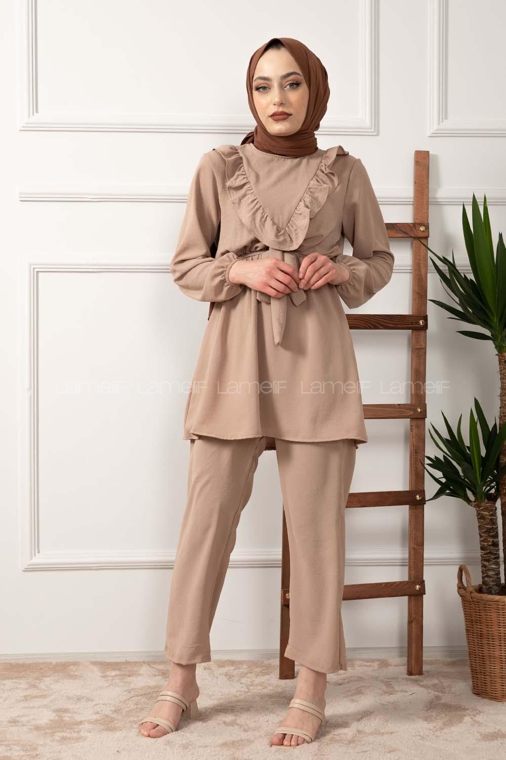 Modalamelif Önü Fırfırlı Kuşaklı İkili Takım Vizonrengi