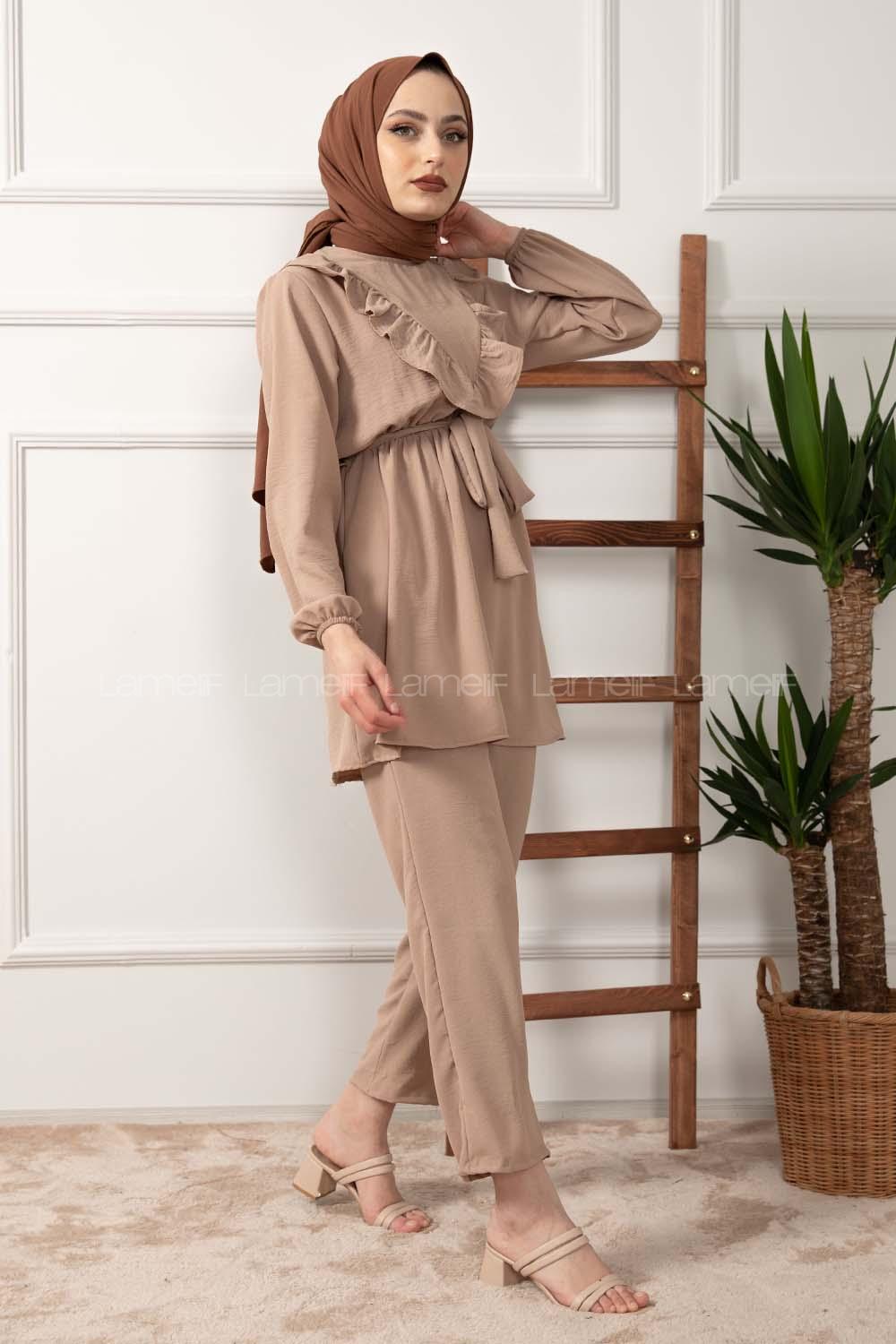 Modalamelif Önü Fırfırlı Kuşaklı İkili Takım Vizonrengi