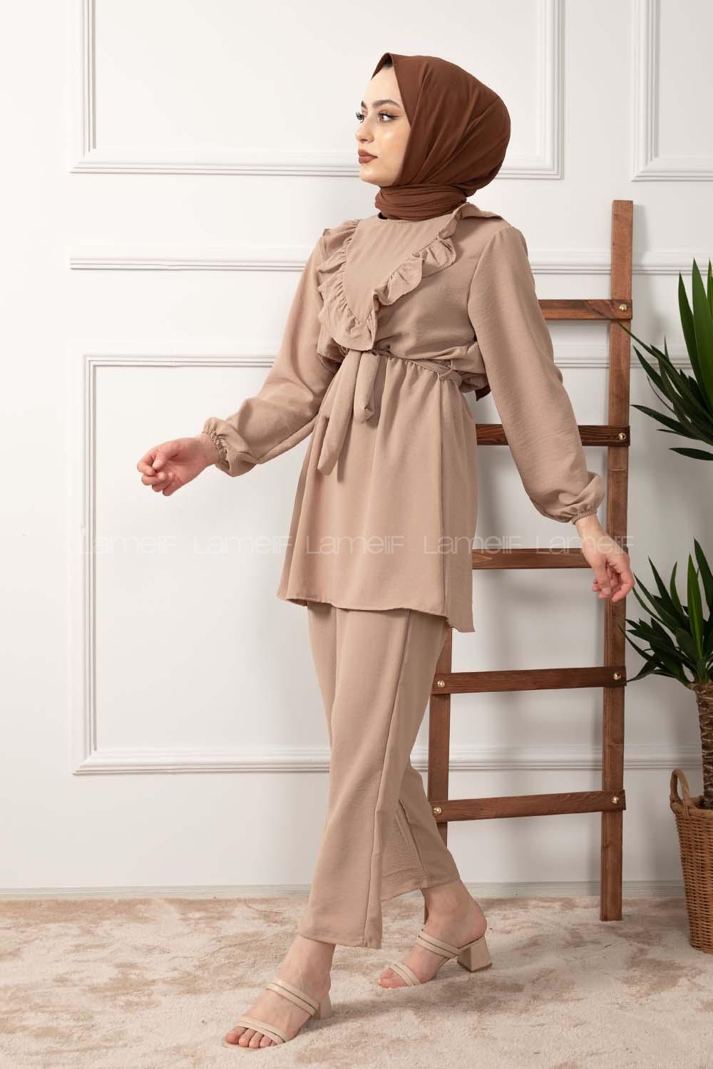 Modalamelif Önü Fırfırlı Kuşaklı İkili Takım Vizonrengi