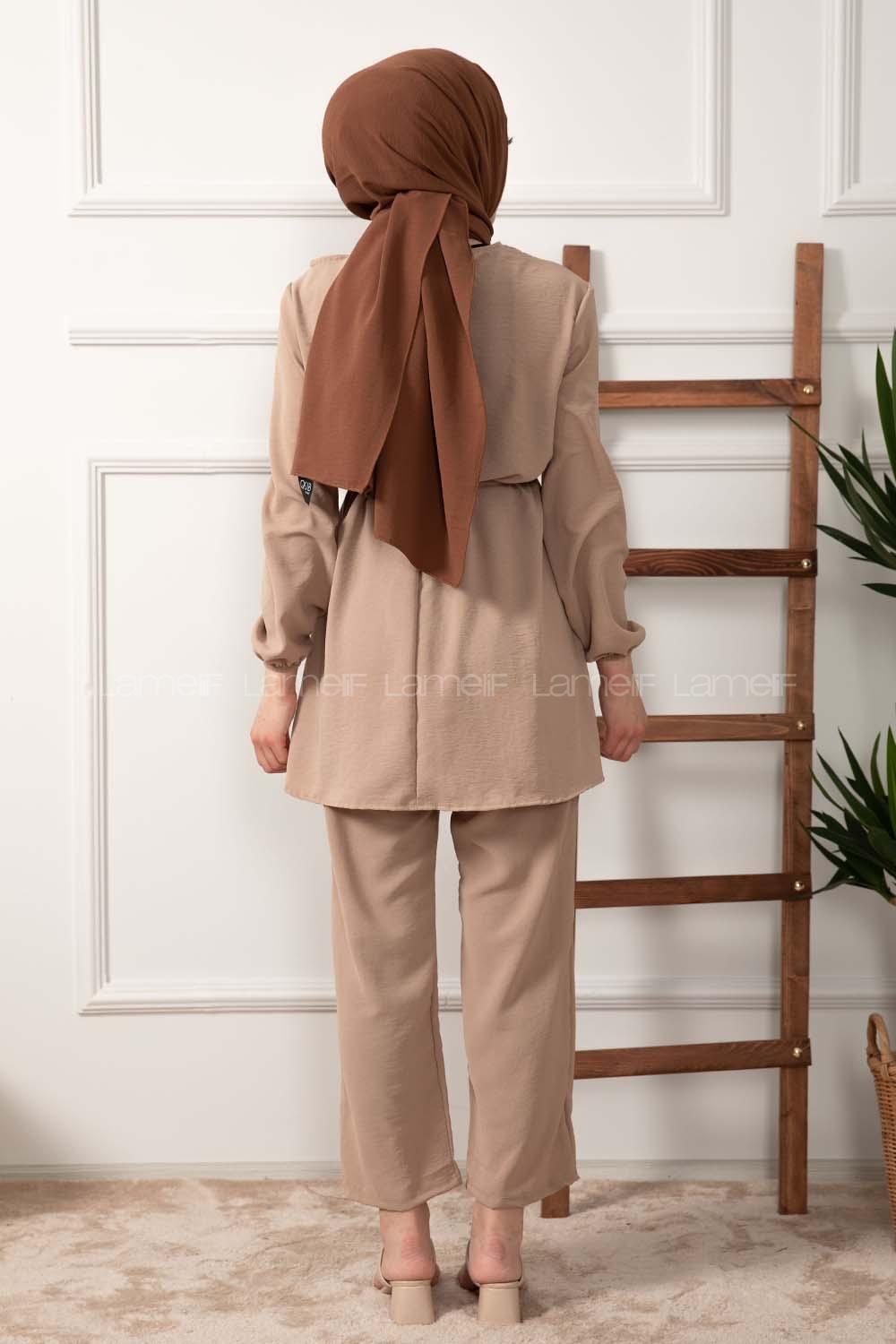 Modalamelif Önü Fırfırlı Kuşaklı İkili Takım Vizonrengi