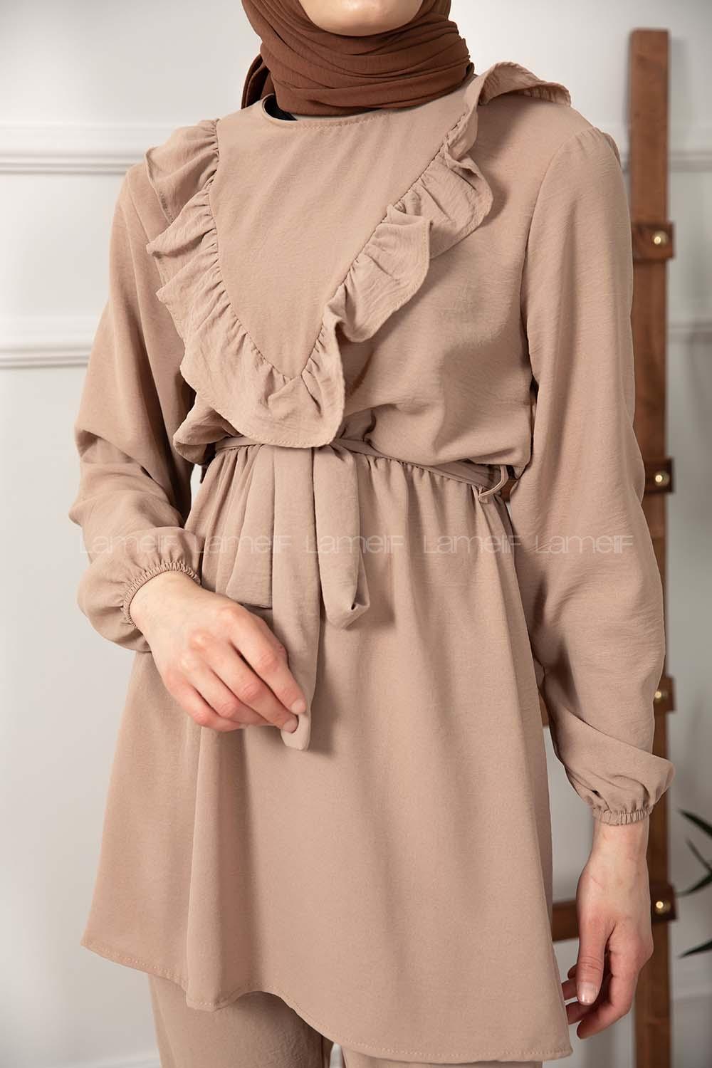 Modalamelif Önü Fırfırlı Kuşaklı İkili Takım Vizonrengi