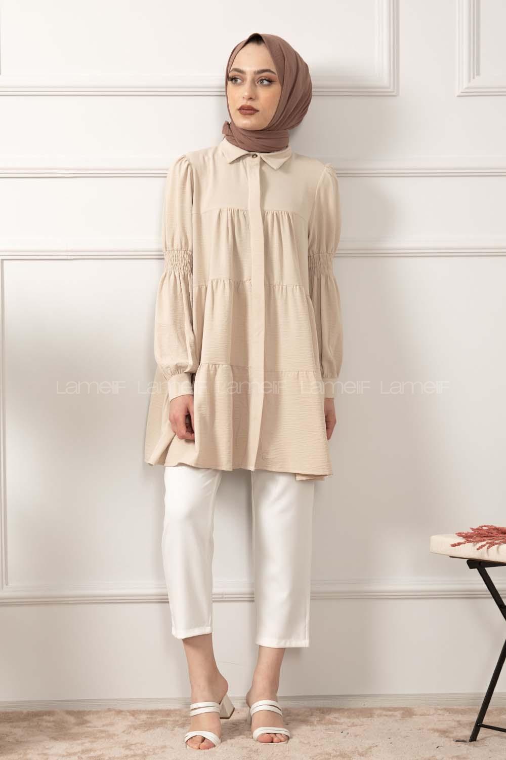 Modalamelif Önü Gizli Düğmeli Kol Lastikli Tunik Taş Rengi