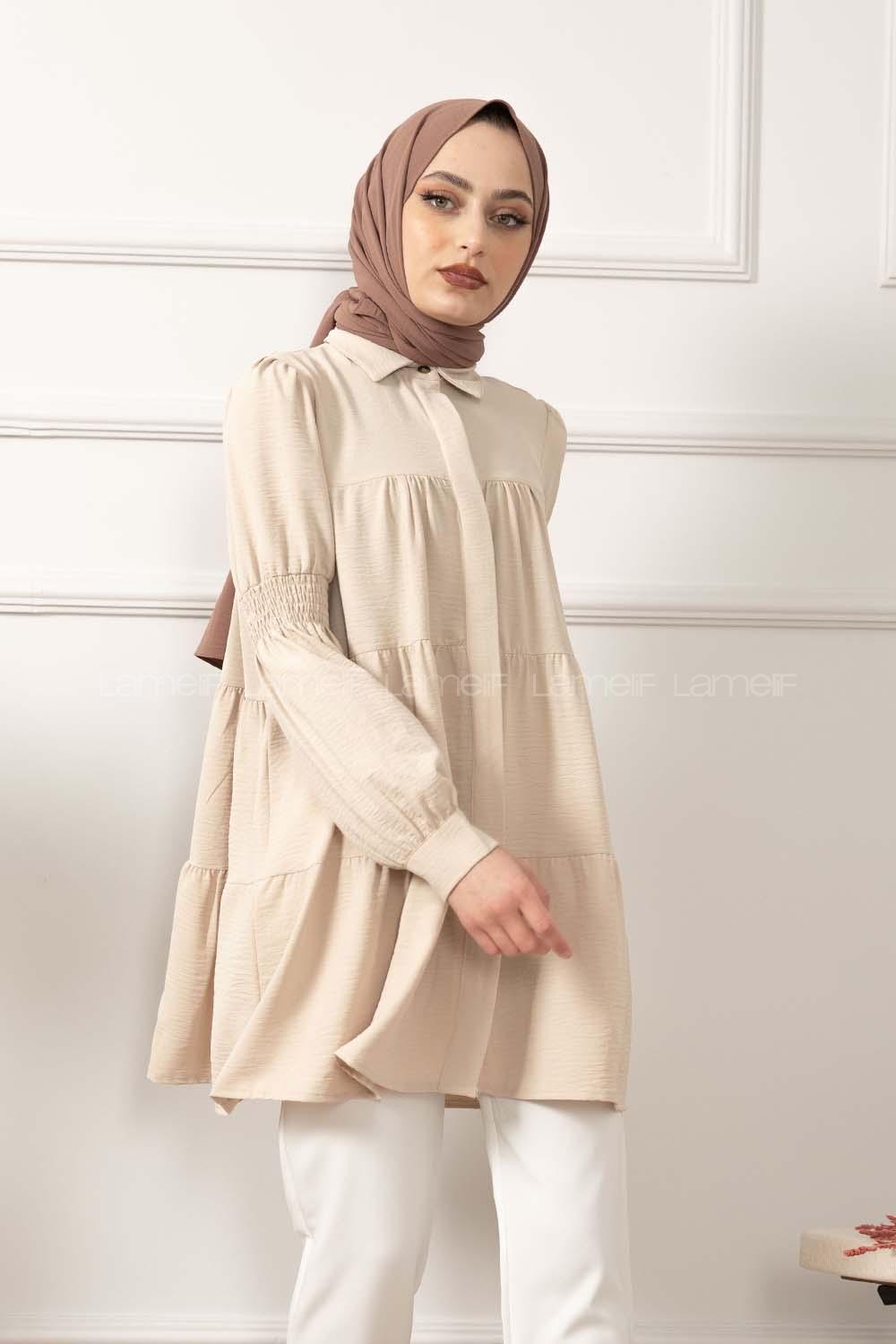 Modalamelif Önü Gizli Düğmeli Kol Lastikli Tunik Taş Rengi