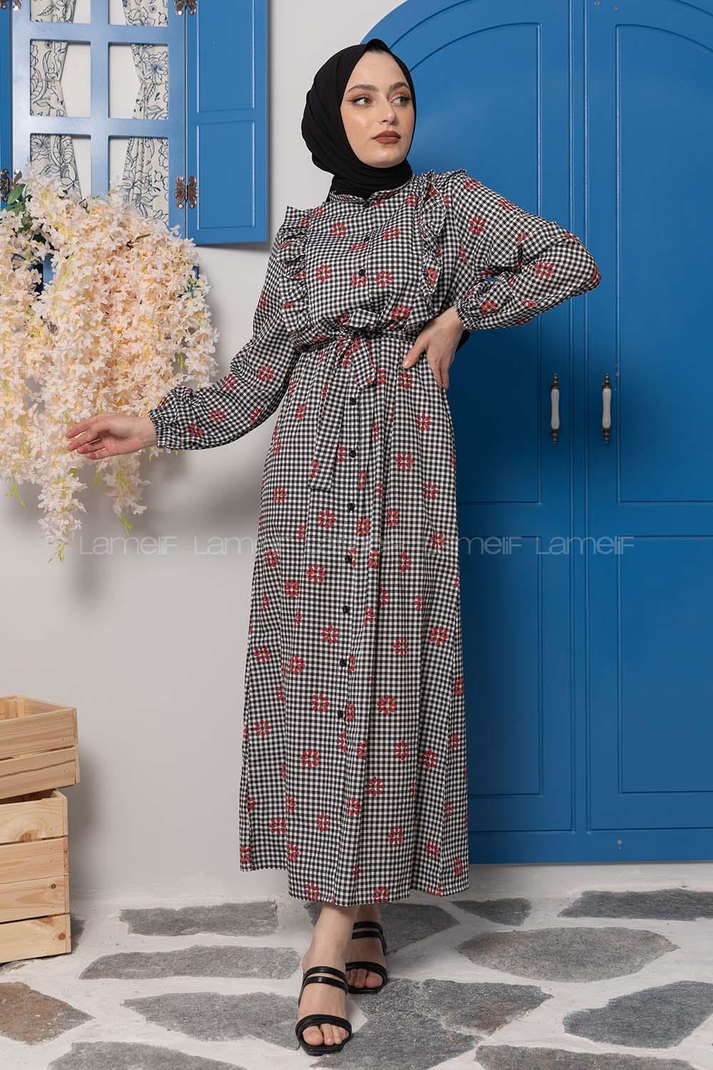 Modalamelif Pötikare Fırfırlı Papatya Desen Elbise Siyah