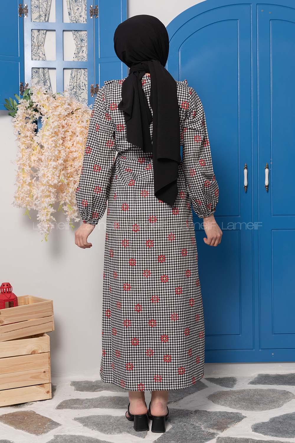 Modalamelif Pötikare Fırfırlı Papatya Desen Elbise Siyah