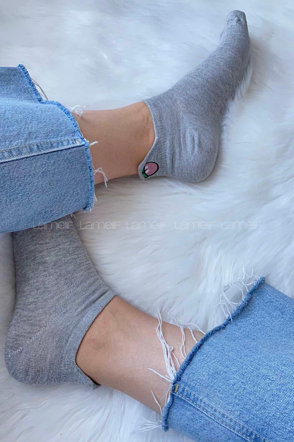 Modalamelif Şeftali İşlemeli Patik Çorap Gri