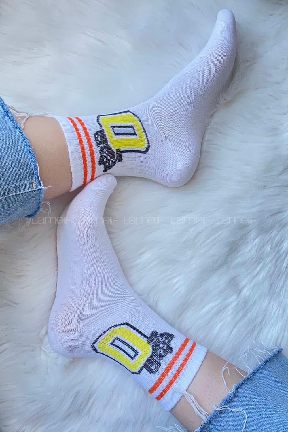 Modalamelif Şeritli Emoji Soket Çorap Beyaz
