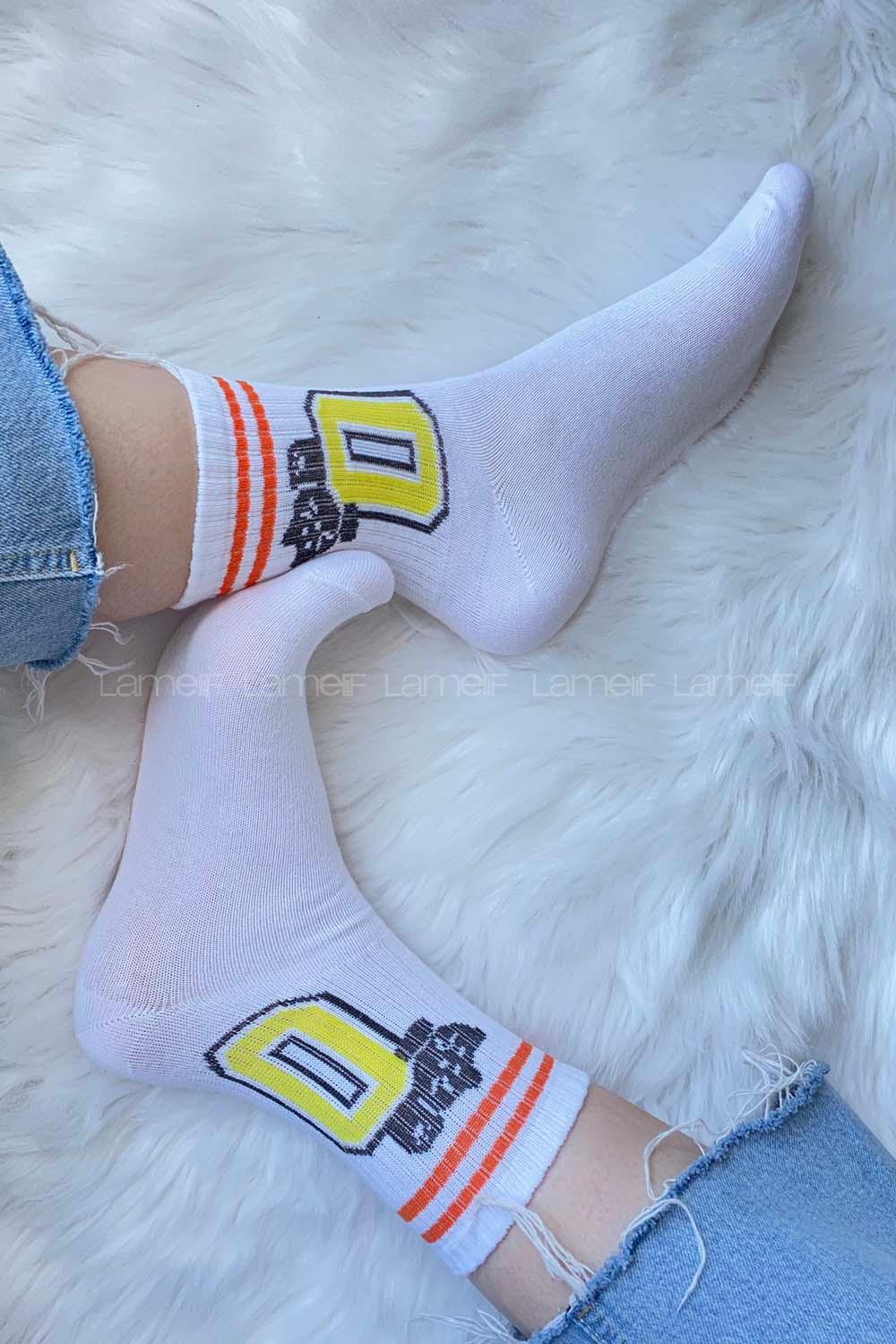 Modalamelif Şeritli Emoji Soket Çorap Beyaz