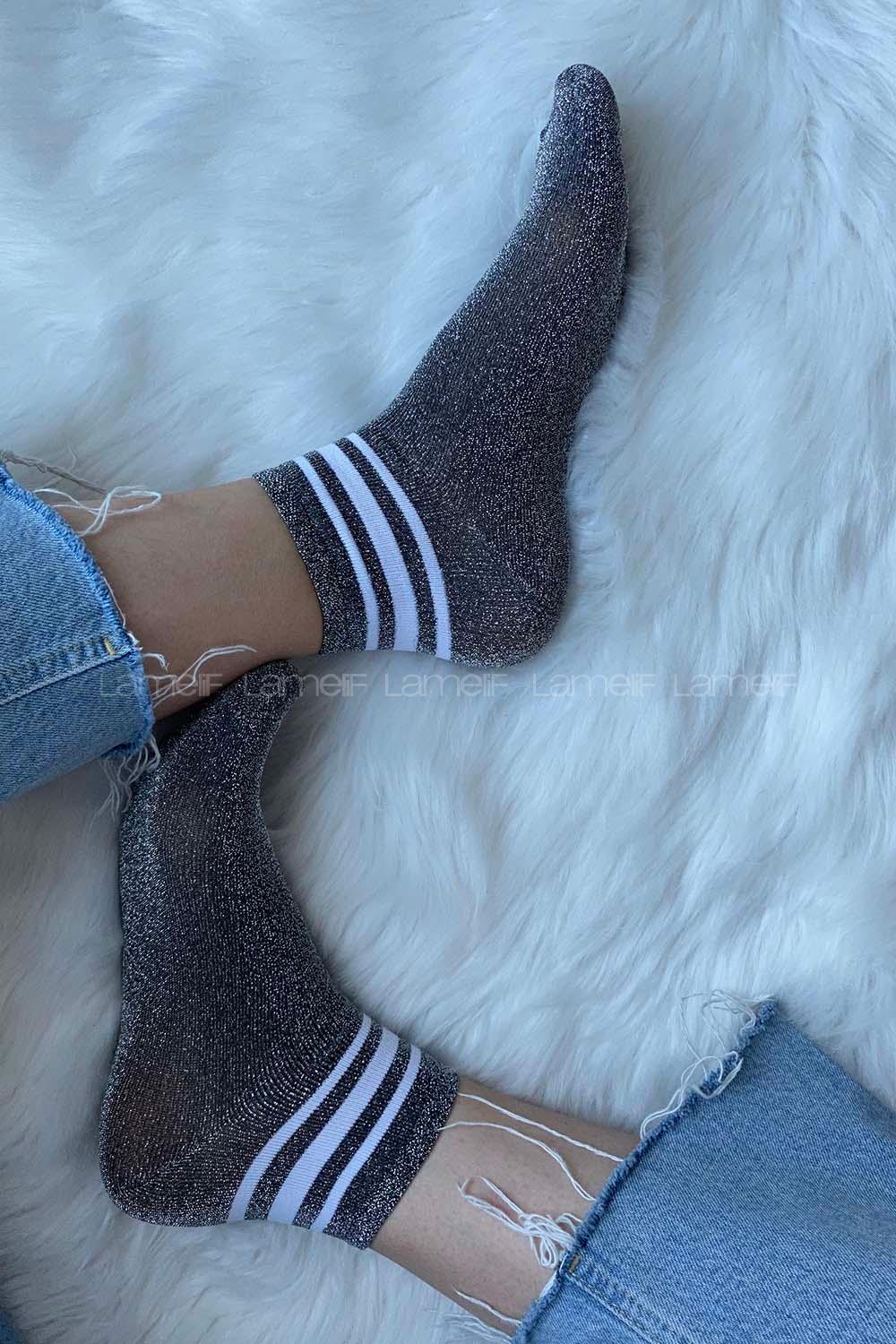 Modalamelif Şeritli Simli Soket Çorap Gri