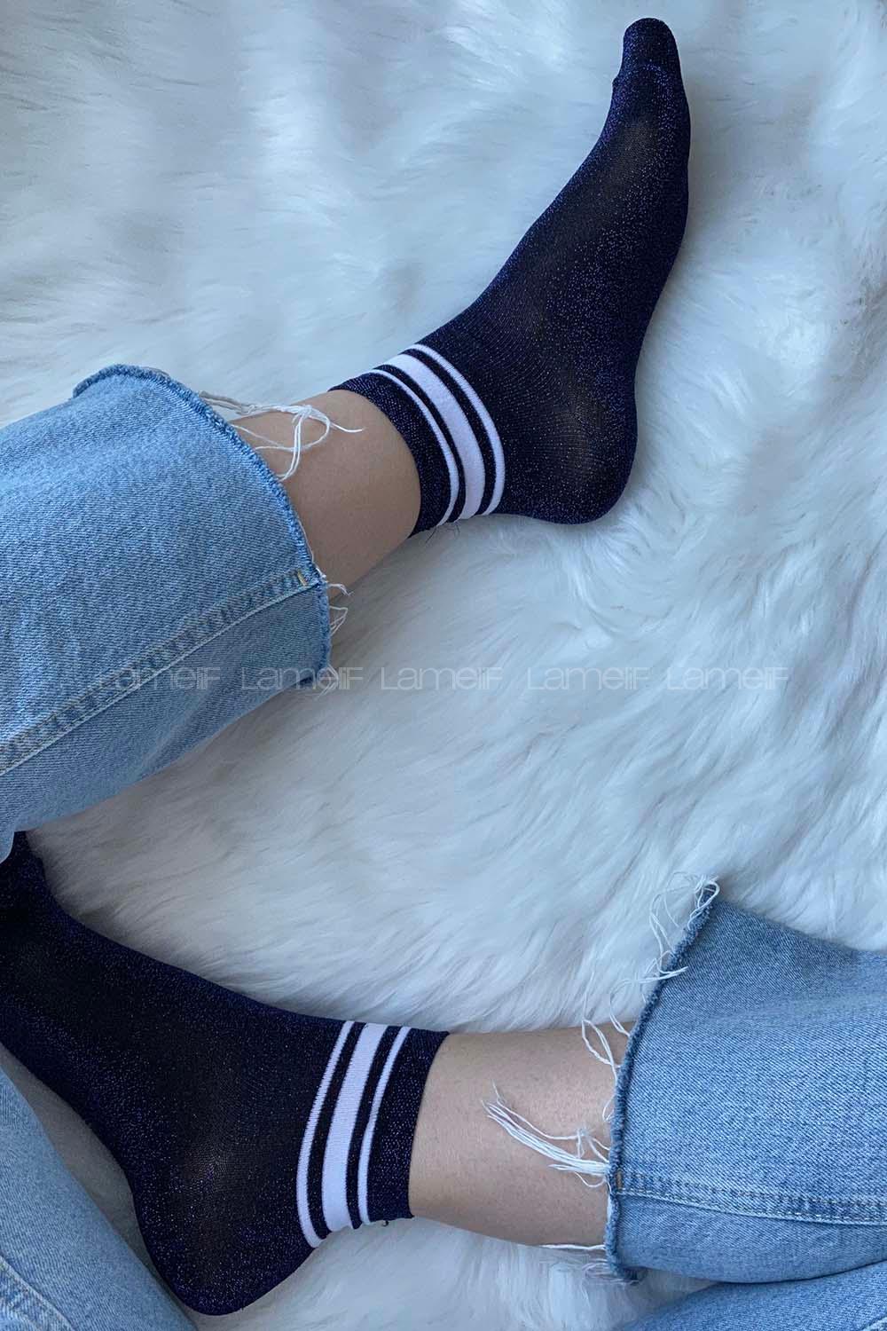 Modalamelif Şeritli Simli Soket Çorap Siyah Mavi