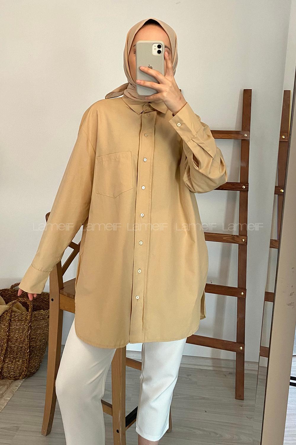 Modalamelif Tek Cepli Oversize Gömlek Bej