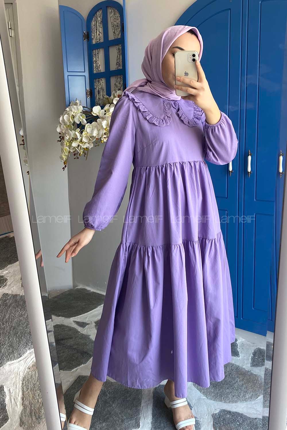 Modalamelif Yaka Dantelli Elbise Lila