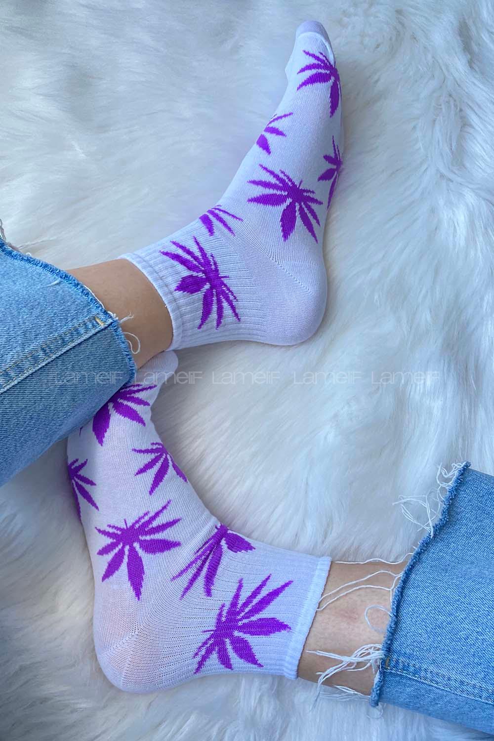 Modalamelif Yaprak Desen Soket Çorap Beyaz-Lila