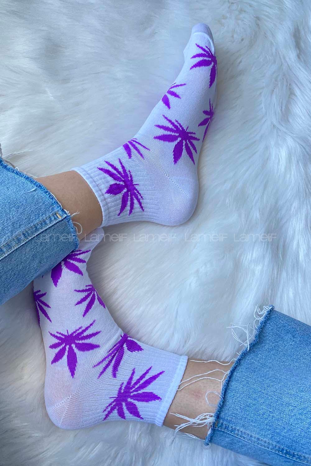 Modalamelif Yaprak Desen Soket Çorap Beyaz-Lila