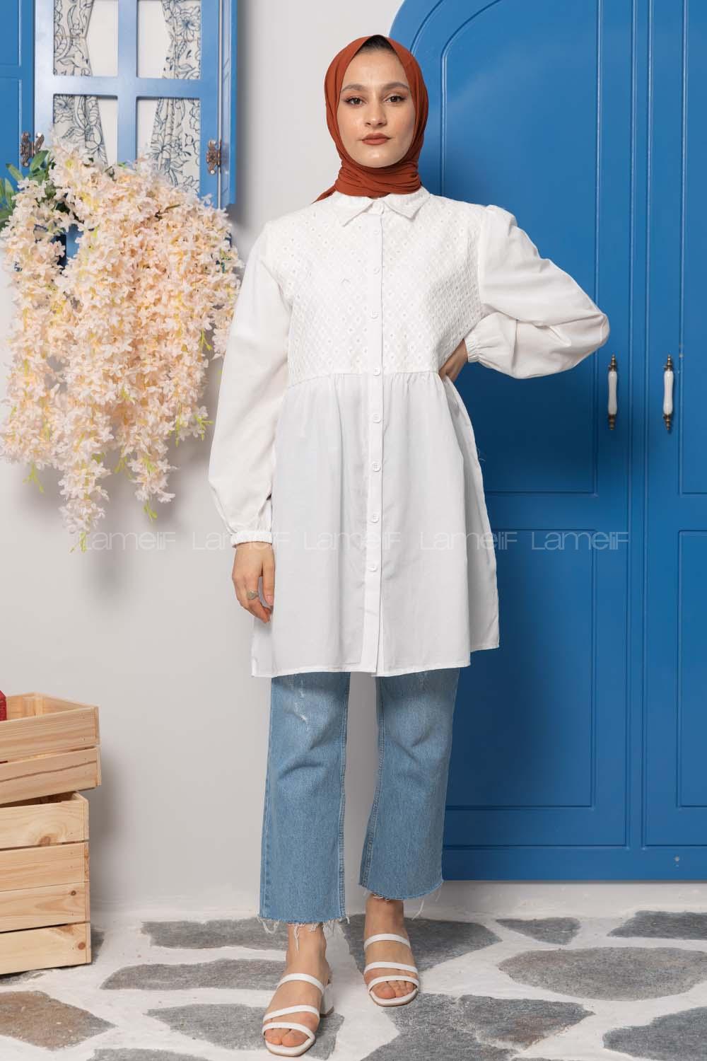 Modalamelif Dantelli Önü Düğmel Tunik Ekru