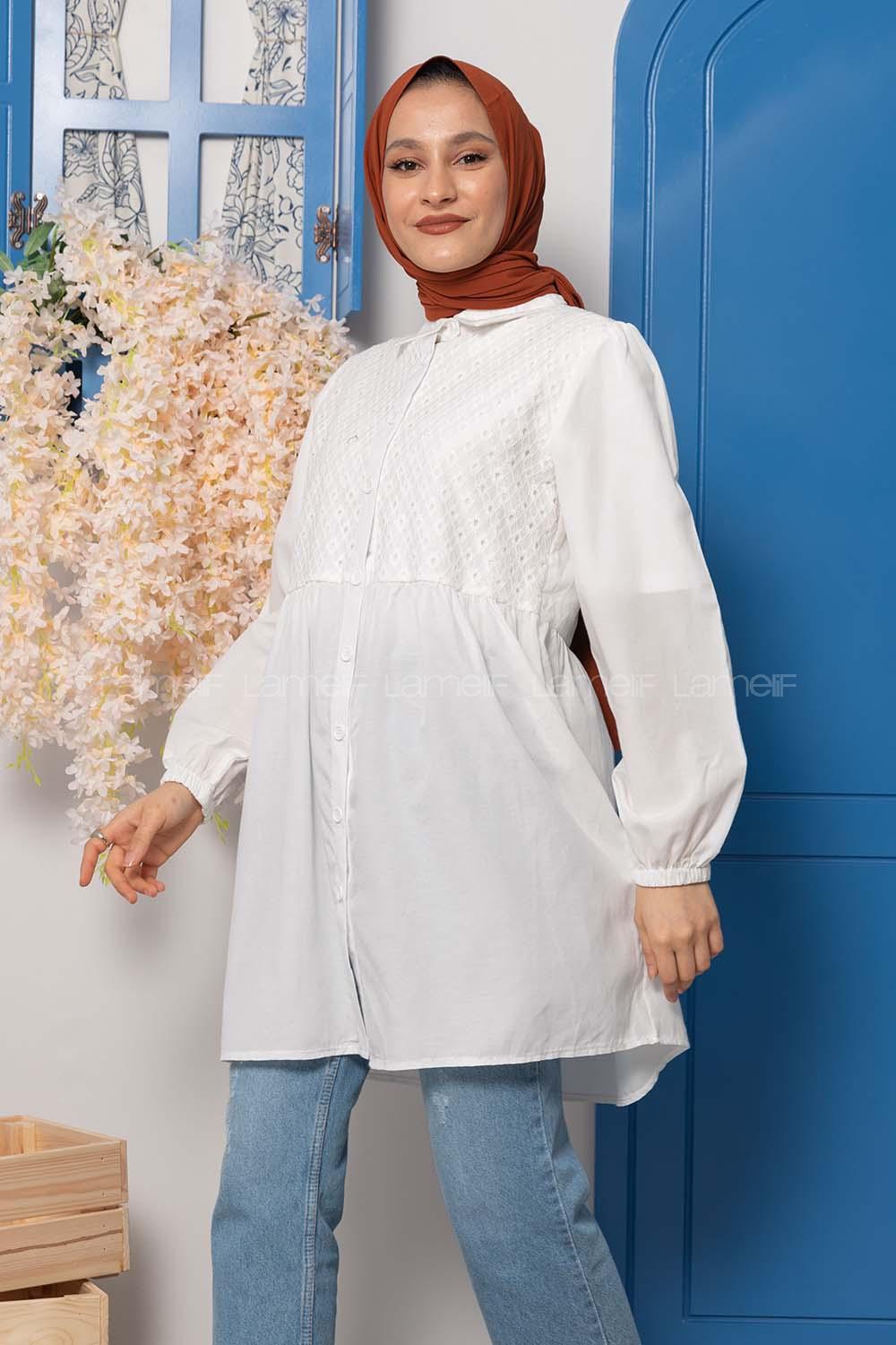 Modalamelif Dantelli Önü Düğmel Tunik Ekru