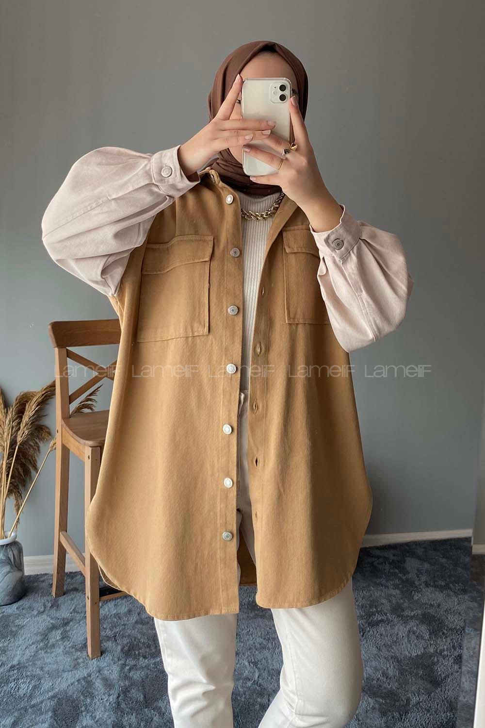 Modalamelif Renk Garnili Çift Cepli Ceket Camel Taş