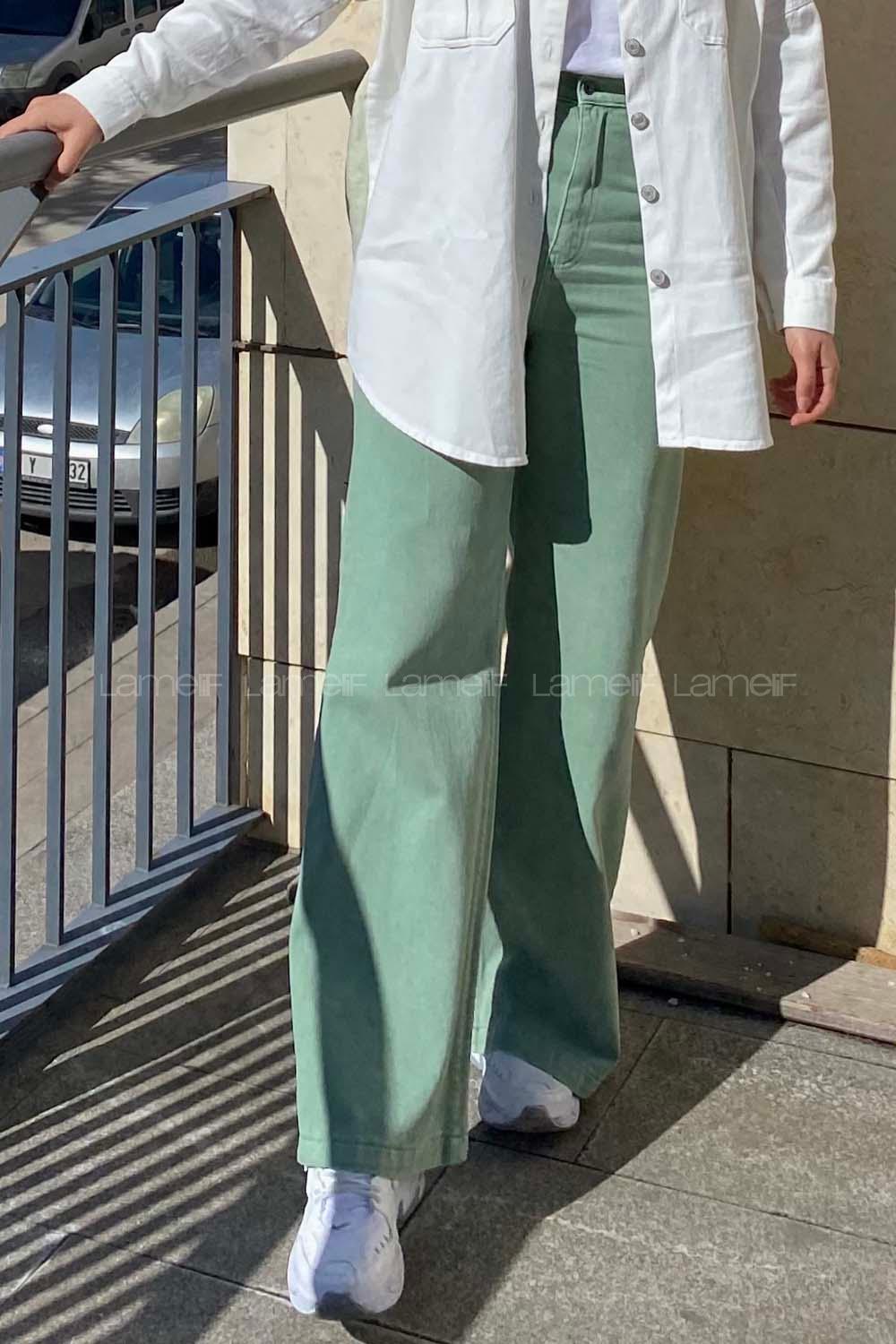 Modalamelif Çift Cepli Bol Paça Jean Mint Yeşili