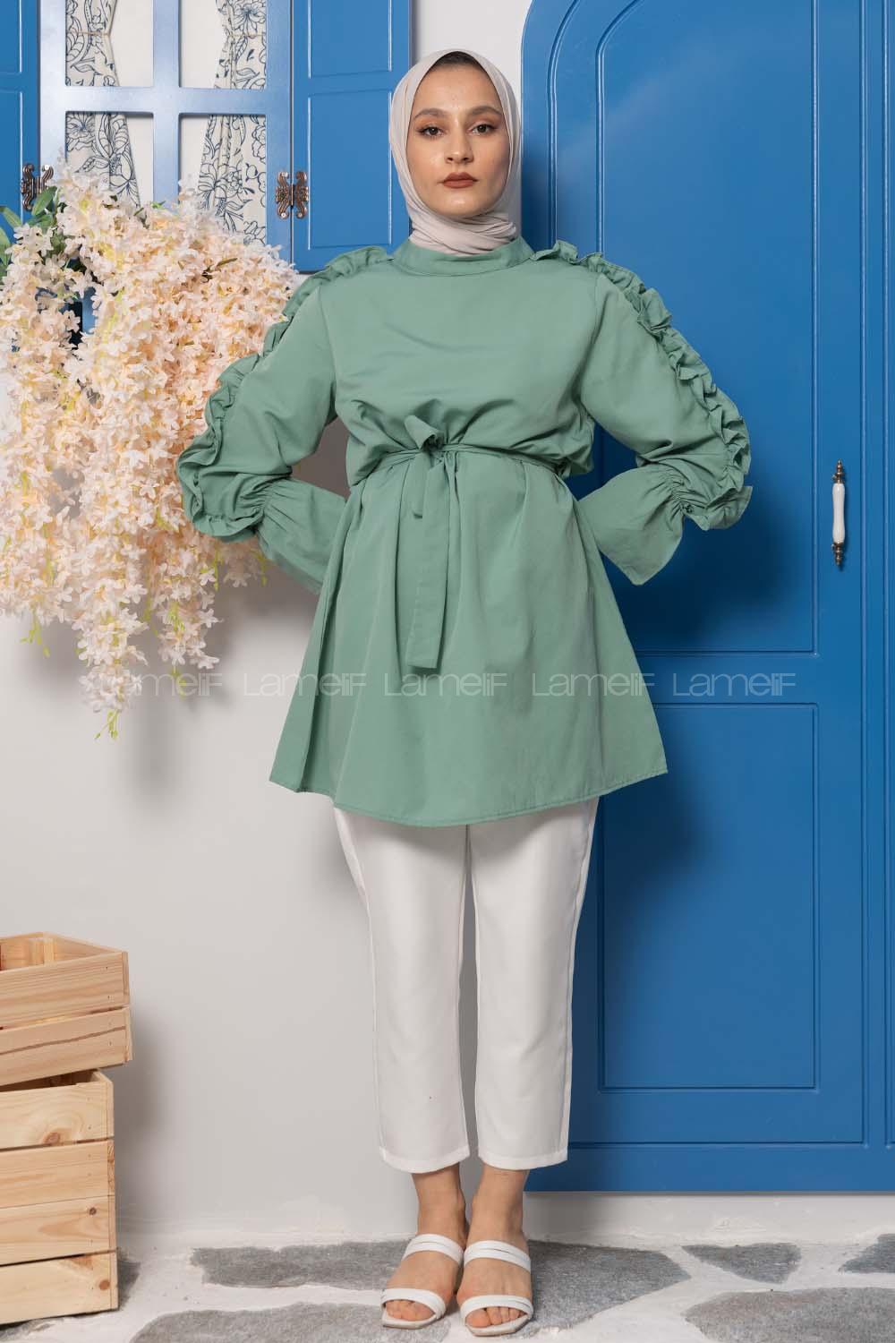 Modalamelif Kol Fırfırlı Kuşaklı Tunik Çağla Yeşili