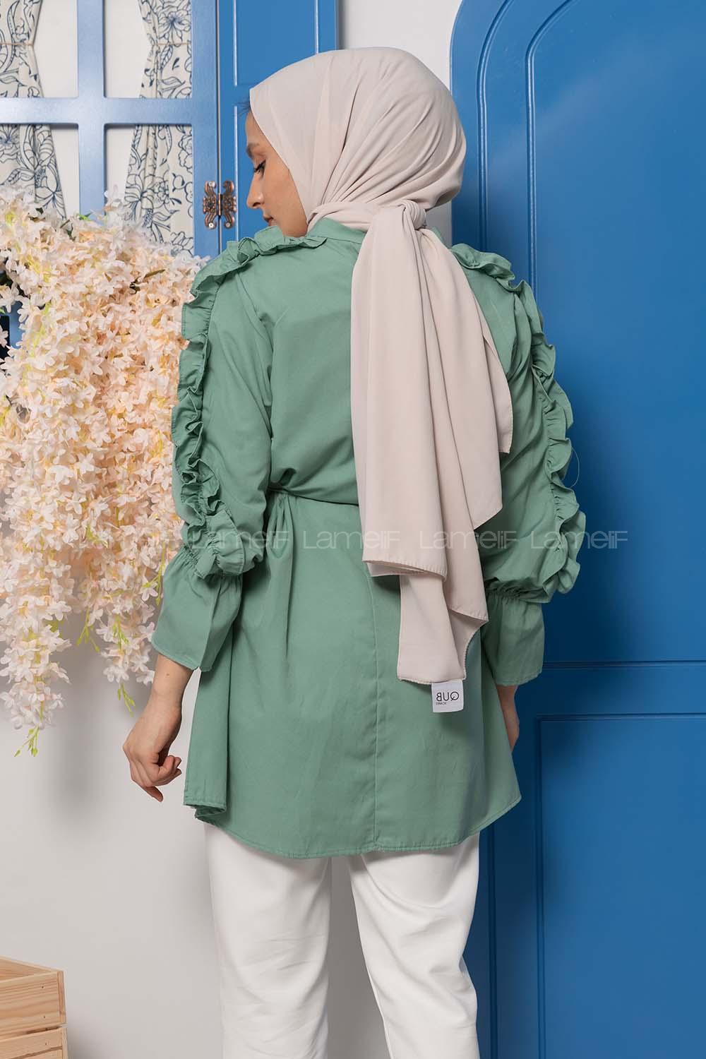 Modalamelif Kol Fırfırlı Kuşaklı Tunik Çağla Yeşili