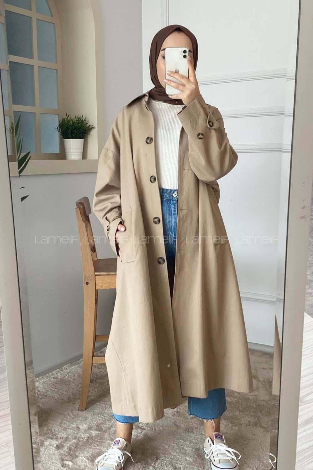 Modalamelif Sırt Baskılı Kol Apoletli Trenç Vizonrengi