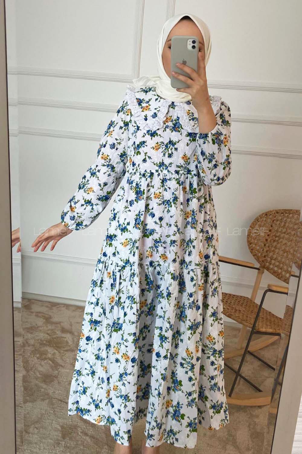 Modalamelif Yaka Dantelli Çiçek Desen Elbise Ekru